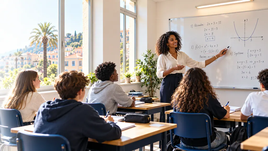 Une enseignante explique une équation au tableau devant un groupe d’élèves.