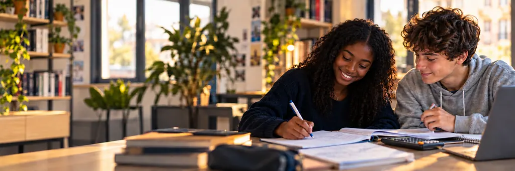 Deux élèves souriants travaillent ensemble sur un cahier d’exercices.
