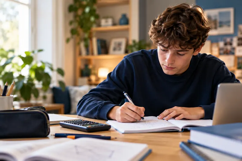 Un lycéen concentré rédige un exercice, calculatrice à portée de main.