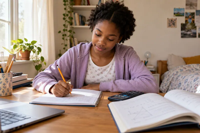 Une collégienne fait ses exercices de mathématiques à son bureau, chez elle.